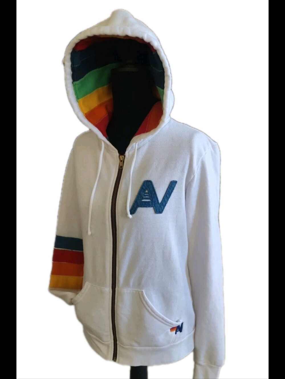 Aviator Nation XS Full Zip Hoodie White Signature Rainbow Hood Sleeve